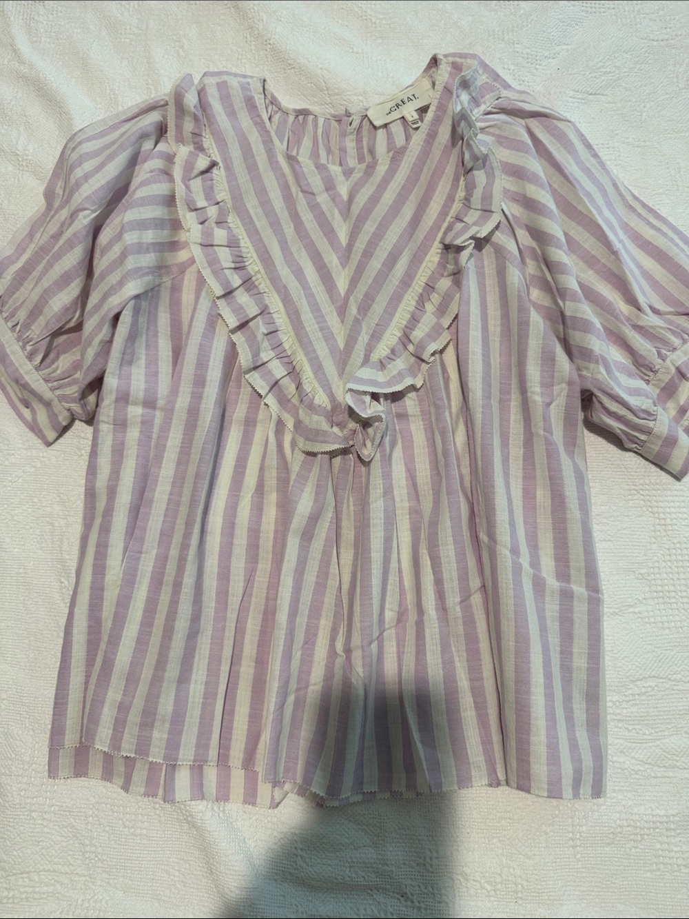 The Great Lavender and White Striped Ruffle V-Neck Blouse